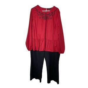 Lane Bryant Plus Size 20 Peplum Tunic Blouse Red Black Floral Embroidery Shirt